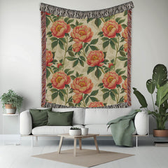 Bright Peonies Pattern Blanket, Vibrant Floral Throw, Multi-Color Tapestry Blanket, Peonies Floral Blanket, Cotton Throws, Housewarming Gift
