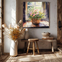 Basket Of Wildflowers Canvas Art, Farmhouse Wildflowers Watercolor Floral Art, Country Style Wall Art, Still Life Wildflower Painting