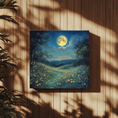 Moon Above Wildflowers Canvas Wall Art, Boho Wall Decor, Mystical Night Landscape Print, Nature-Inspired Home Decor
