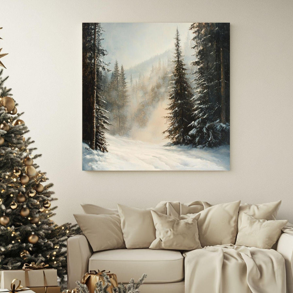 Evergreen Forest Winter Snow Scene Wall Art, Christmas Living Room Artwork, Snowy Pine Trees Print