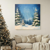 Watercolor Snowy Evergreens Canvas Wall Art, Black Framed Christmas Decor, Winter Square Canvas Hanging Art, Festive Pine Trees Painting