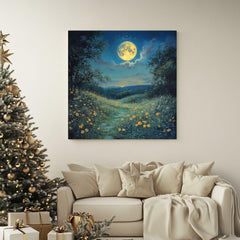 Moon Above Wildflowers Canvas Wall Art, Boho Wall Decor, Mystical Night Landscape Print, Nature-Inspired Home Decor
