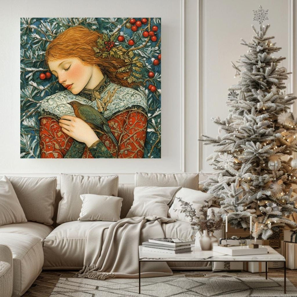 Woman William Morris Inspired Art, Vintage Christmas Wall Art, Ready to Hang Christmas Decor, Christmas Gift William Morris Christmas Art