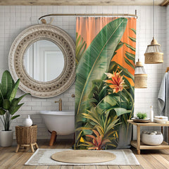 Tropical Botanical Shower Curtain, Nature-Inspired Bathroom, Vibrant Curtain Print Modern Tropical Vibes Bathroom Decor