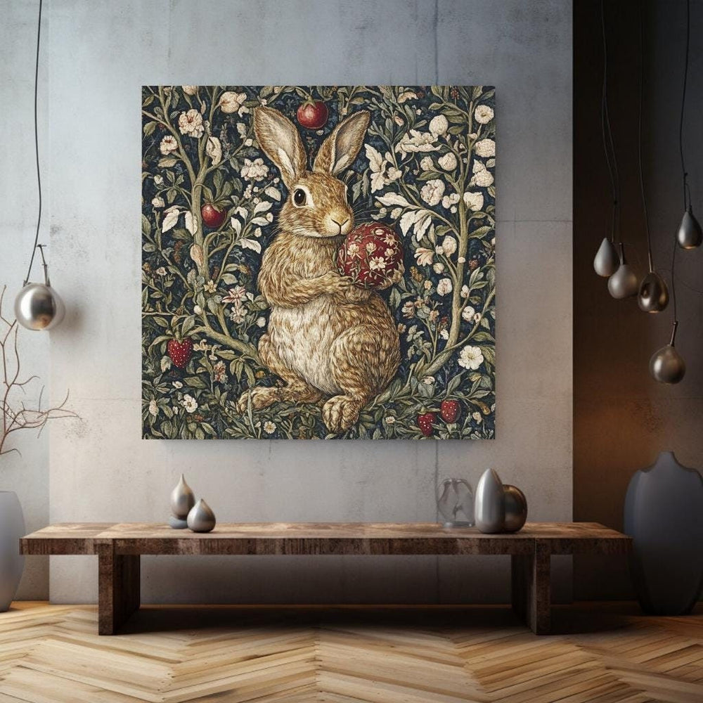 Vintage William Morris Bunny Wall Canvas Wall Art, Nature-Inspired Wall Art, Vintage Rabbit Wall Art, Nature Wall Art Decor