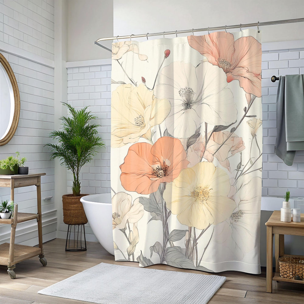 Soft Muted Pastel Flowers Shower Curtain, Botanical Bathroom Decor, Minimalist Bathroom Display Elegant Floral Pattern,Nature-Inspired Decor