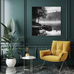 Morning Lake Wall Canvas, Forest Wall Art, Black and White Home Decor, Monochrome Framed Art, Nature Wall Decor, Mystical Lake Poster