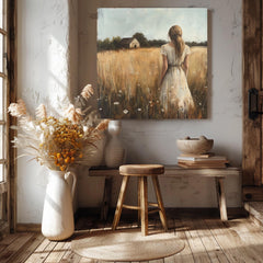Serene Country Girl Canvas Art, Rustic Farmhouse Decor, Vintage Meadow Scene with Wildflowers, Ready to Hang Wall Decor