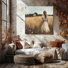 Serene Country Girl Canvas Art, Rustic Farmhouse Decor, Vintage Meadow Scene with Wildflowers, Ready to Hang Wall Decor