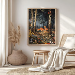 Enchanted Forest Mushroom Framed Canvas, Mystical Woodland Wall Art, Whimsical Fairy Tale Nature Print, Cottagecore Floral Decor