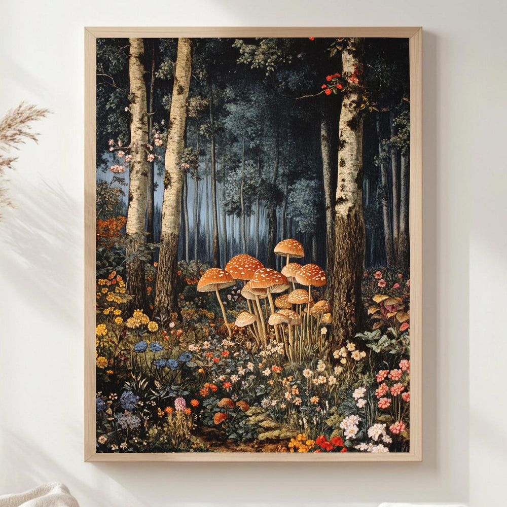 Enchanted Forest Mushroom Framed Canvas, Mystical Woodland Wall Art, Whimsical Fairy Tale Nature Print, Cottagecore Floral Decor