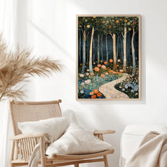 Enchanted Forest Path Framed Canvas, Floral Woodland Dreamscape, Mystical Nature Wall Art, Fairytale Garden Print, Elegant Home Decor