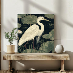 Vintage Egret Wall Art, William Morris Inspired Framed Canvas, Floral Wall Accent, Nature Home Decor, Egret Framed Art, Botanical Decor