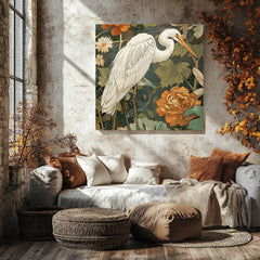 White Egret Canvas William Morris Inspired Wall Art, Botanical Bird Print, Vintage Wall Decor, Botanical Home Accent, Nature Framed Art