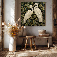 Botanical Egret Canvas Art, William Morris Inspired Wall Decor, Nature Bird Print, Elegant White Bird Artwork, Vintage Nature Wall Art