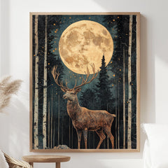 Mystical Moonlit Stag Framed Canvas, Celestial Forest Deer Print, Enchanted Wildlife Wall Decor, Woodland Lunar Canvas, Fantasy Nature Gift