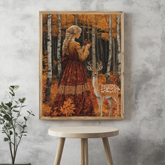 Vintage Autumn Goddess Framed Canvas, Enchanted Woodland Deer Print, Fairytale Forest Wall Art, Golden Nature Canvas, Modern Home Accent