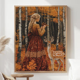 Vintage Autumn Goddess Framed Canvas, Enchanted Woodland Deer Print, Fairytale Forest Wall Art, Golden Nature Canvas, Modern Home Accent