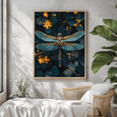 Celestial Dragonfly Framed Canvas, Mystic Insect Art, Golden Floral Nature Print, Elegant Botanical Wall Decor, Floral Fantasy Home Accent