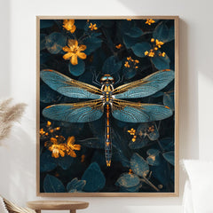 Celestial Dragonfly Framed Canvas, Mystic Insect Art, Golden Floral Nature Print, Elegant Botanical Wall Decor, Floral Fantasy Home Accent