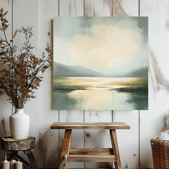 Misty Coast Abstract Canvas Art, Soft Moody Pale Green Coastal Painting, Framed Ocean Wall Art, Minimalist Seascape