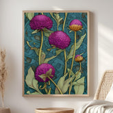 Globe Amaranth Floral Wall Art, William Morris Inspired Botanical Canvas, Vintage Purple and Gold Flower Print, Cottagecore Framed Decor