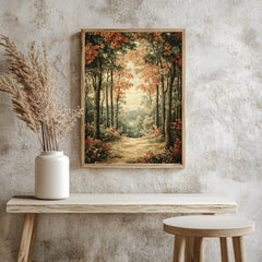 Golden Forest Path Framed Canvas, Tranquil Woodland Wall Art, Soft Autumn Landscape Print, Cozy Nature Trail Home Decor