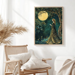Moonlight Forest Maiden Canvas, Enchanted Night Sky Wall Art, Whimsical Fairy Woman Print, Mystical Boho Nature Decor, Celestial Home Accent