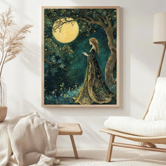 Moonlight Forest Maiden Canvas, Enchanted Night Sky Wall Art, Whimsical Fairy Woman Print, Mystical Boho Nature Decor, Celestial Home Accent