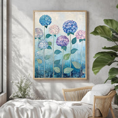 Hydrangea Field Wall Art, William Morris Inspired Floral Canvas, Multicolor Botanical Print, Wooden Framed Cottagecore Nature Home Decor