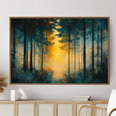 Golden Light Forest Wooden Framed Canvas, Abstract Pine Landscape Wall Art, Serene Nature Scene Print, Dreamy Moody Woodland Decor