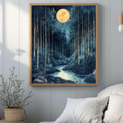 Mystical Moonlit Forest Canvas Wall Art, Framed Wooden Canvas Dark Forest Print, Rustic Cottagecore Home Decor, Nature Inspired Gallery