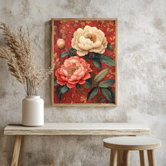 Vintage Peony Framed Canvas, Red Botanical Flower Wall Art, Romantic Garden Floral Print, Classic Cottagecore Home Decor