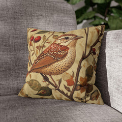 Vintage Wren Botanical Pillow Cover, Autumn Bird and Floral Cushion, Nature Inspired Farmhouse Decor, Rustic Cottagecore Throw Pillow