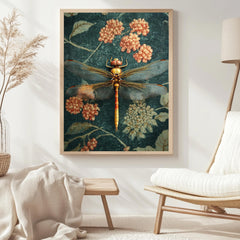 Golden Dragonfly Framed Canvas, Vintage Floral Insect Wall Art, Botanical Nature Print, Elegant Entomology Decor, Garden-Inspired Accent