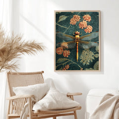 Golden Dragonfly Framed Canvas, Vintage Floral Insect Wall Art, Botanical Nature Print, Elegant Entomology Decor, Garden-Inspired Accent
