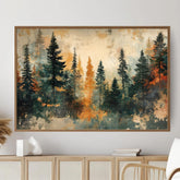 Autumn Pine Forest Wooden Framed Canvas, Warm Earth Tone Landscape Wall Art, Abstract Woodland Scene Print, Cozy Rustic Nature Decor
