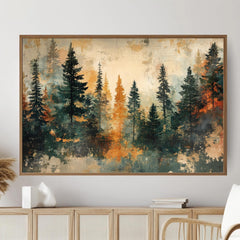 Autumn Pine Forest Wooden Framed Canvas, Warm Earth Tone Landscape Wall Art, Abstract Woodland Scene Print, Cozy Rustic Nature Decor