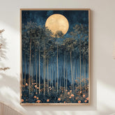 Moonlit Forest Framed Canvas, Ethereal Night Woodland Wall Art, Mystical Floral Nature Print, Enchanted Landscape Decor, Elegant Home Accent