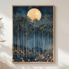 Moonlit Forest Framed Canvas, Ethereal Night Woodland Wall Art, Mystical Floral Nature Print, Enchanted Landscape Decor, Elegant Home Accent