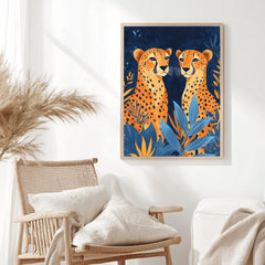 Orange Cheetahs Wall Art, Natural Wood Framed Canvas, Jungle Animal Print, Bold Safari Decor, Vibrant Wildlife Artwork, Boho Nature Art
