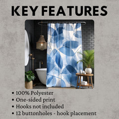 Blue Botanical Leaf Pattern Shower Curtain, Nature-Inspired Bathroom, Earthy Dorm Decor, Blue Curtain Print