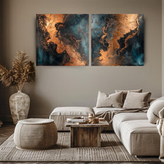 Metallic Abstract Wall Art, Set of 2 Modern Canvas Prints, Copper and Teal Wall Decor, Elegant Abstract Painting Set, Best For Modern Spaces