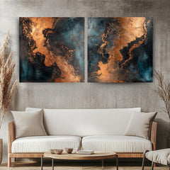 Metallic Abstract Wall Art, Set of 2 Modern Canvas Prints, Copper and Teal Wall Decor, Elegant Abstract Painting Set, Best For Modern Spaces