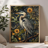 Great Blue Heron William Morris Style Framed Canvas Art, Heron Bird Wall Decor, Nature Inspired Home Gallery,Framed Heron Botanical Painting