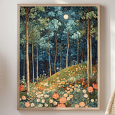 Moonlit Wildflower Forest Framed Canvas, Dreamy Night Woodland Wall Art, Enchanted Garden Decor, Fairytale Floral Landscape Accent