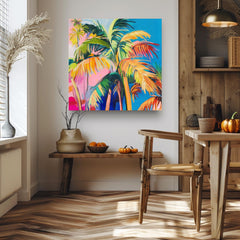Bold Tropical Palm Canvas, Vibrant Colorful Jungle Wall Art, Modern Palm Tree Painting, Exotic Beach Decor, Boho Coastal Home Accent