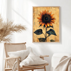 Vintage Sunflower Wall Art, Botanical Poster Print, Rustic Farmhouse Canvas, Framed Floral Wall Accent for Home, Country Garden Poster