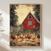 Barnyard Chickens Wall Art, Vintage Farm Poster Print, Rustic Chicken Canvas, Framed Country Animal Decor for Farmhouse Kitchen, Nature Art