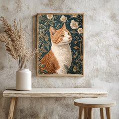 William Morris Cat Wall Art, Floral Vintage Cat Canvas, Orange Tabby Cat Art Print, Cottagecore Framed Decor, Botanical Cat Lover Gift